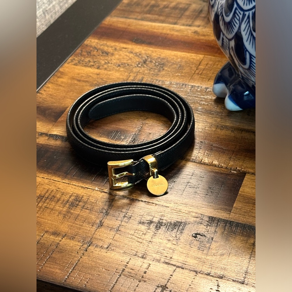 Prada black leather belt gold hardware 34” in Great condition.
